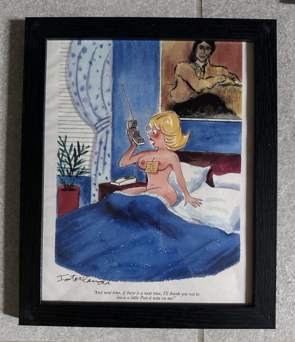 Framed 1980s Playboy Adult Cartoon Leave Post-it Note on me Art P. Interlandi